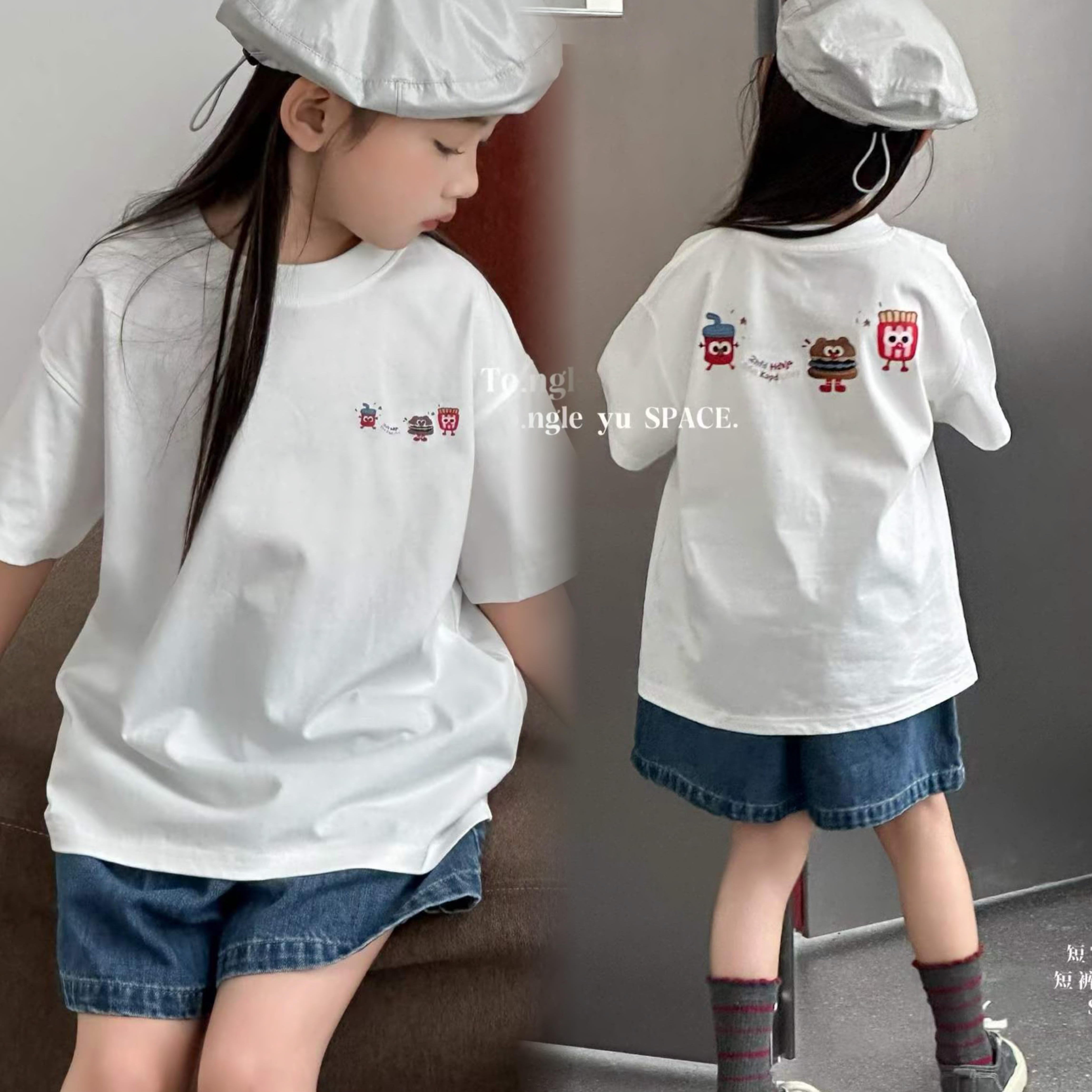 童乐鱼童装2026夏季新款女童韩版白色简单印花短袖T恤55100