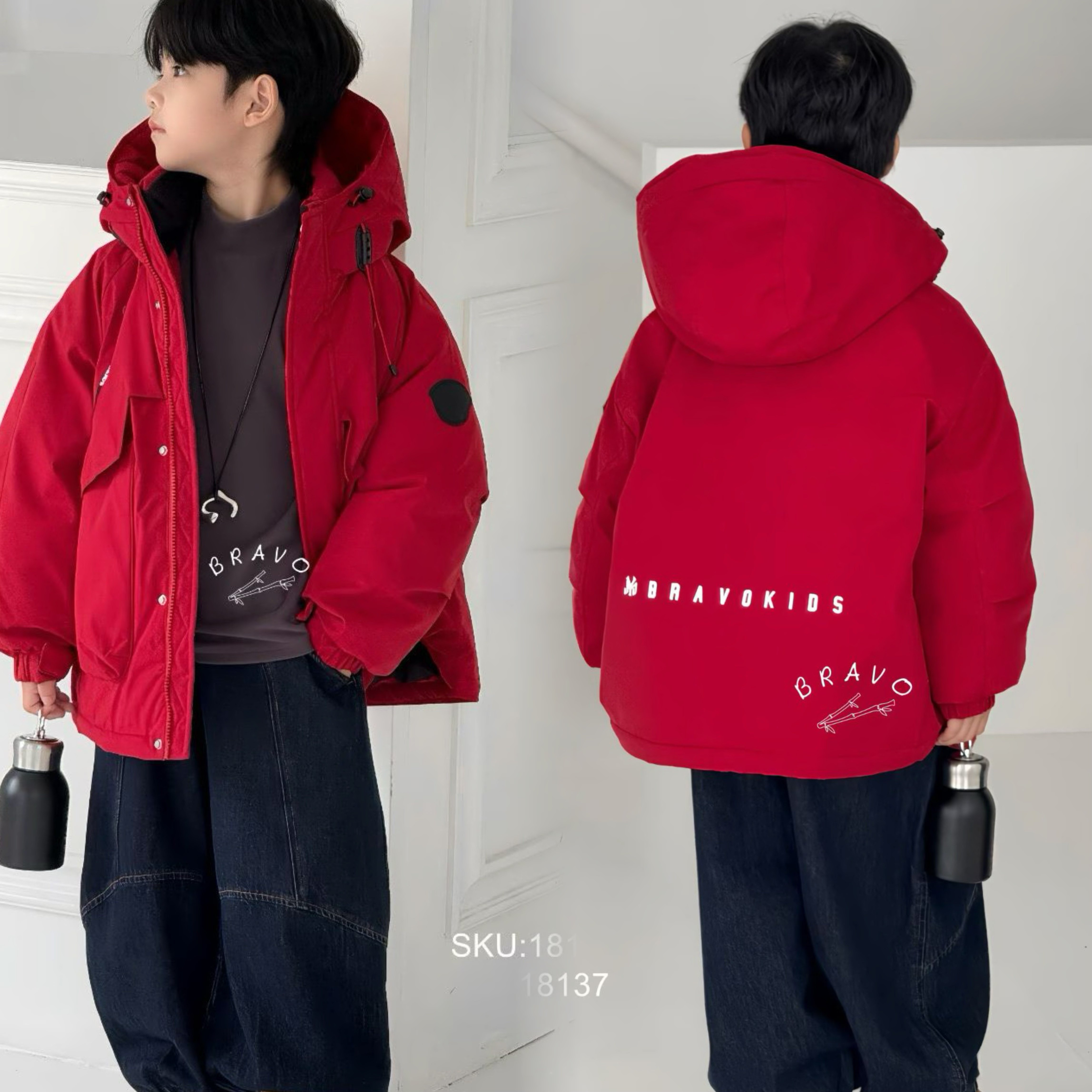 布芮欧童装2025冬季新款男女童韩版红色年货款冲锋衣羽绒服18137