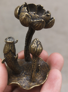 古玩铜器收藏仿古做旧黄铜荷花和鱼组合小号香插烧香家居摆件礼品