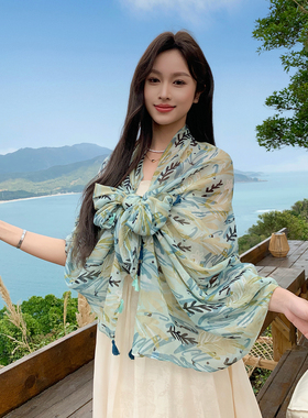 韩版百搭植物花卉印花丝巾女夏季浅绿色防晒披肩长方形纱巾围巾薄