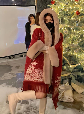 雪花红色披肩斗篷女秋冬天保暖加绒加厚外搭冬季毛呢披风圣诞穿搭