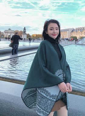 民族风围巾女秋冬季开叉披肩保暖加厚斗篷旅游空调房墨绿色披肩