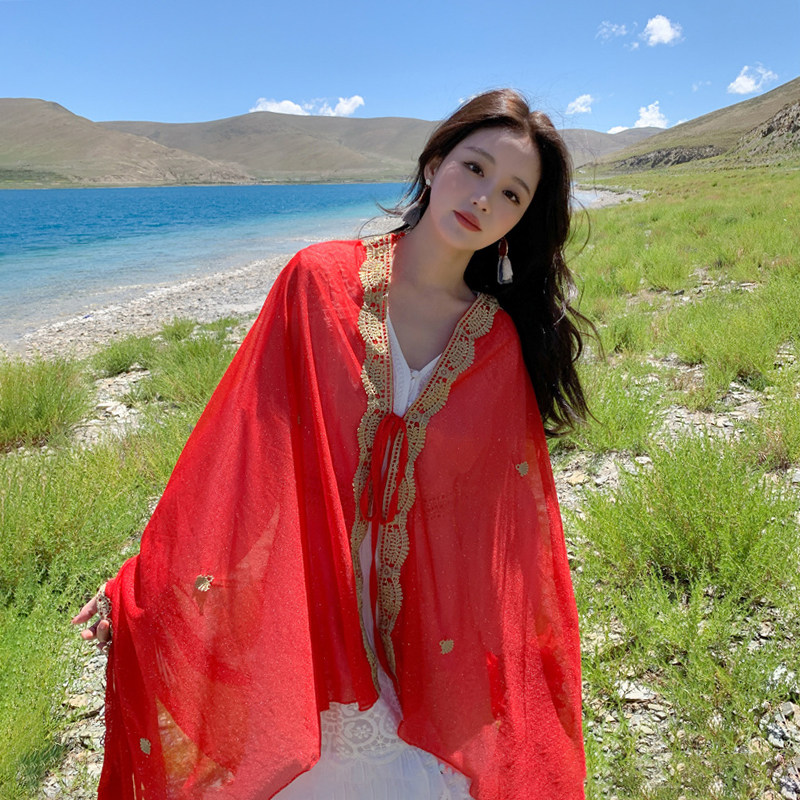 民族风夏季防晒沙漠旅游披肩红色绑带斗篷薄款度假外搭丝巾围巾女