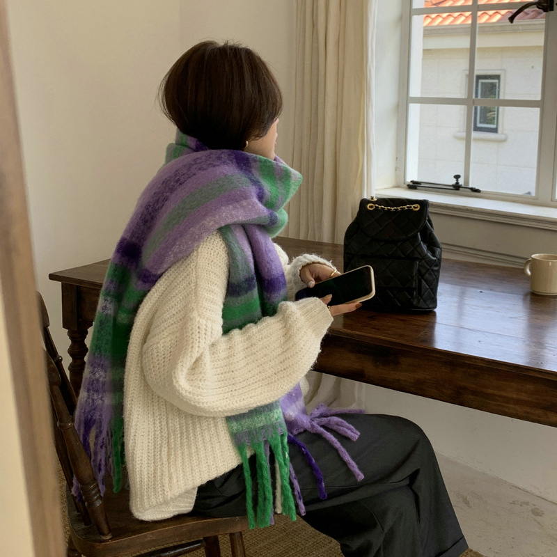 彩虹格子韩版仿羊绒围巾百搭保暖