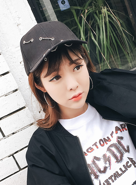 韩版帽子女夏天百搭原宿风铁环鸭舌帽棒球帽男潮学生黑色遮阳帽