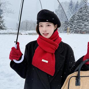 100%纯羊毛围巾女秋冬季红色氛围感保暖围脖高级纯色百搭针织毛线