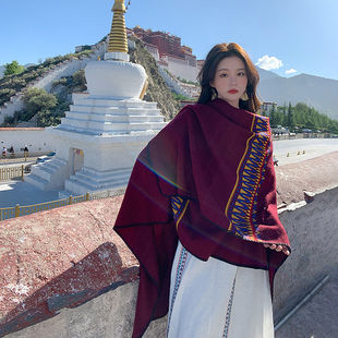 青海湖沙漠旅游大披肩女复古围巾两用保暖茶卡盐湖民族风斗篷外搭