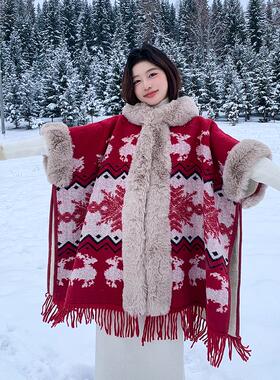 披肩斗篷女冬季圣诞氛围感穿搭红色加绒加厚大毛领毛呢披风外套