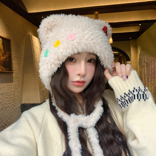 秋冬可爱加厚毛绒小熊耳朵彩色扣子拼蝴蝶结帽子女保暖包头护耳帽