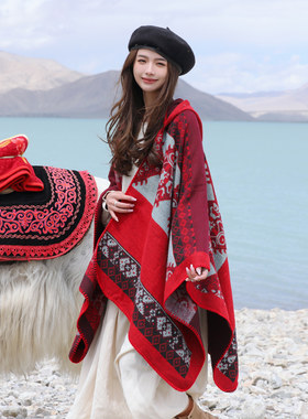 复古民族风红色围巾女秋冬保暖西藏青海湖披肩l连帽斗篷旅游穿搭