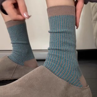 绿色金银丝袜子女春秋款 中筒袜ins潮外穿韩国堆堆袜秋冬2025新款