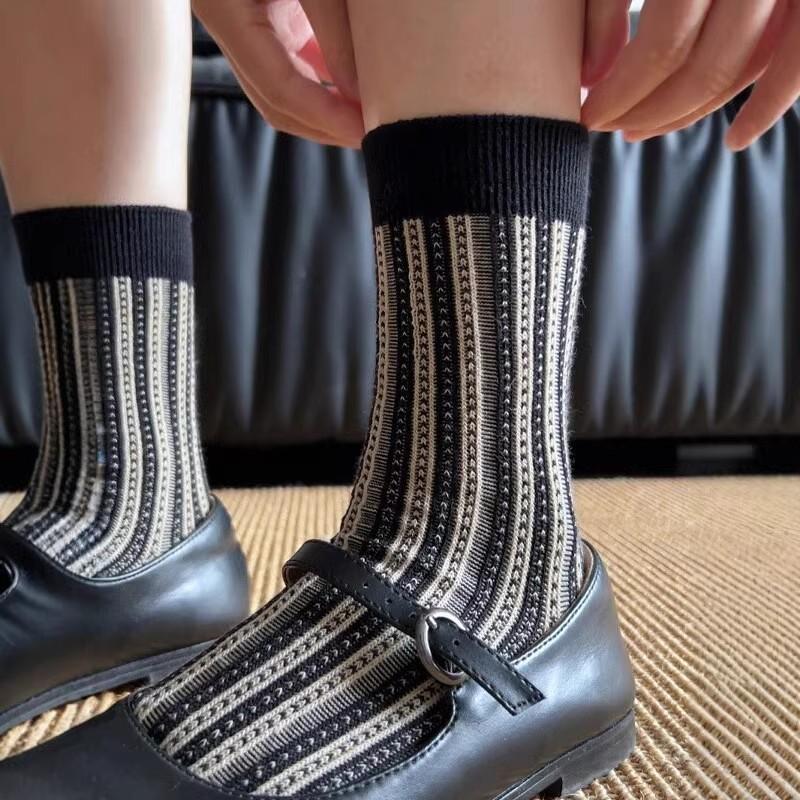 黑色竖条纹袜子女春秋纯棉