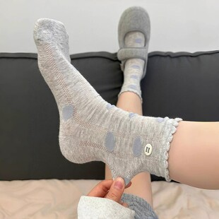 纽扣圆点中筒袜纯棉春秋夏季 miu系灰色袜子女2025新款 花边袜ins潮