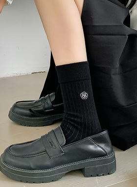 山茶花袜子女夏季薄款无骨纯棉中筒全棉防臭吸汗黑色长筒袜配皮鞋