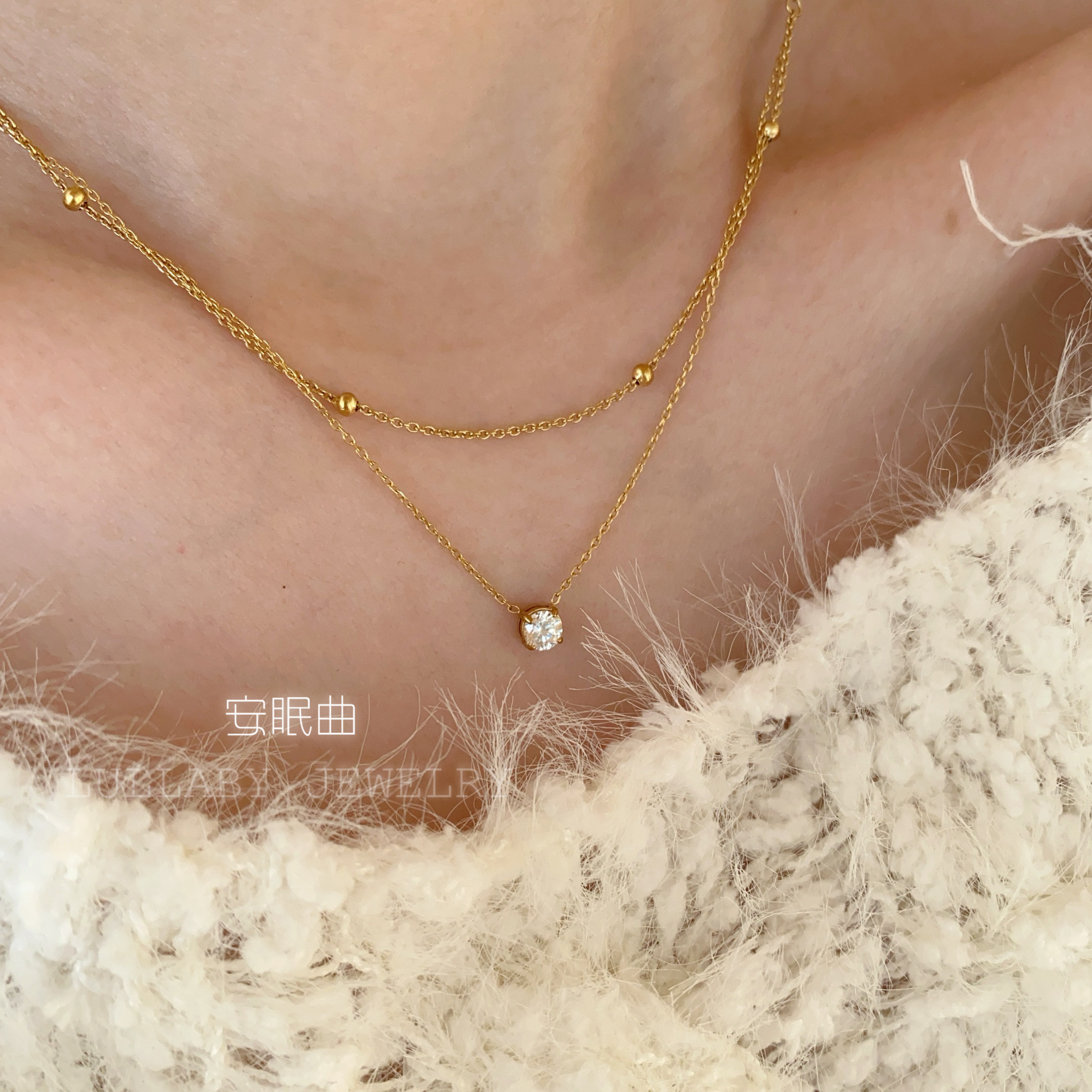 双层珠珠叠戴单钻钛钢项链