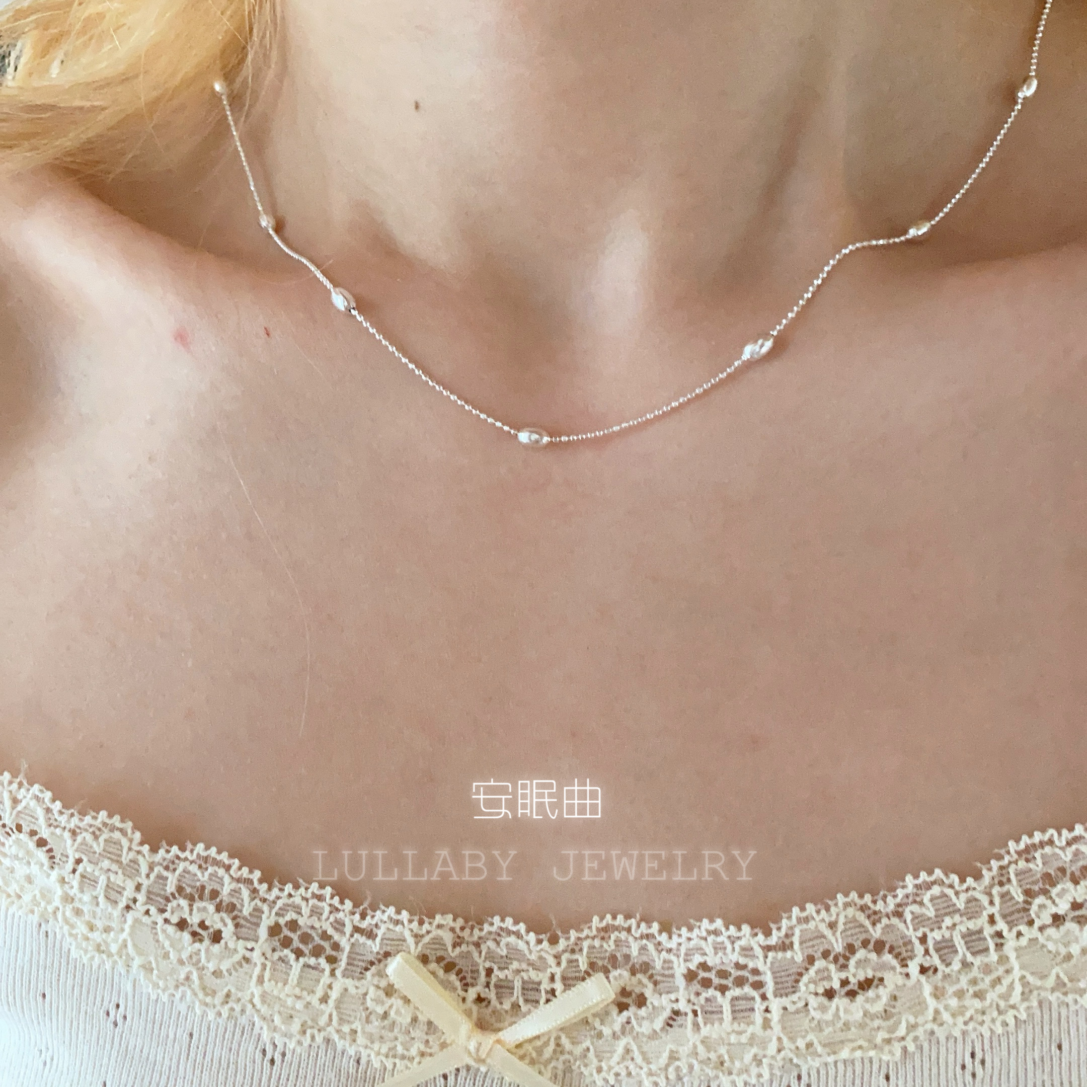 通体s925纯银米粒珠素链项链女