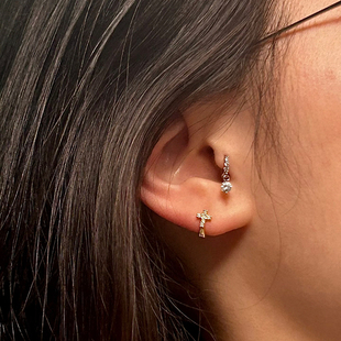纯银小耳朵耳扣耳皮耳骨环满钻吊坠耳屏钉精致简约超闪小耳圈女