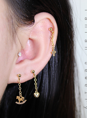 小木马耳链爱心长耳钉十字架耳钉高位耳洞耳饰精致混搭欧美insn女