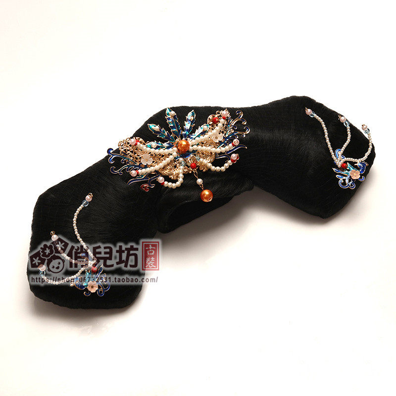 清宫华丽旗头清朝宫廷格格妃子头饰宝蓝色点翠发饰流苏穗旗头新品