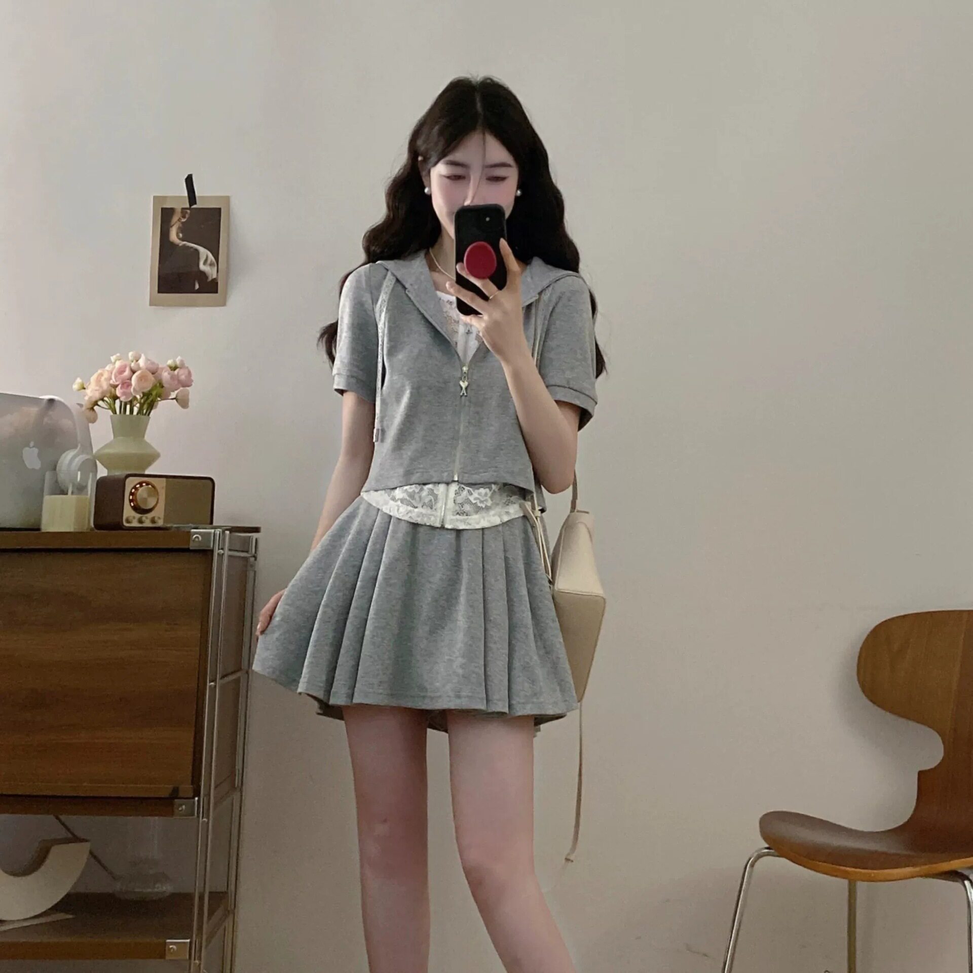 女童夏季蕾丝拼接连帽两件套