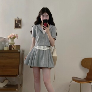 女童夏季穿搭一整套蕾丝拼接连帽短袖新款学生小个子短裙裤两件套