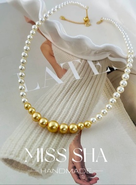金色交响曲  人造仿南洋金渐变珍珠塔链项链强光小米珠锁骨链