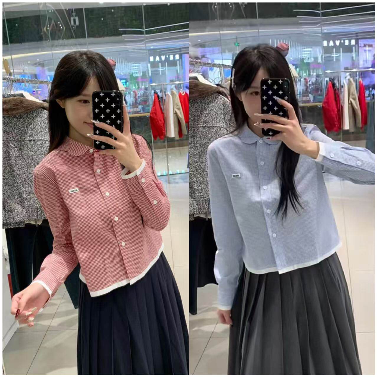 dz~甜美学院风娃娃领格子棉衬衫
