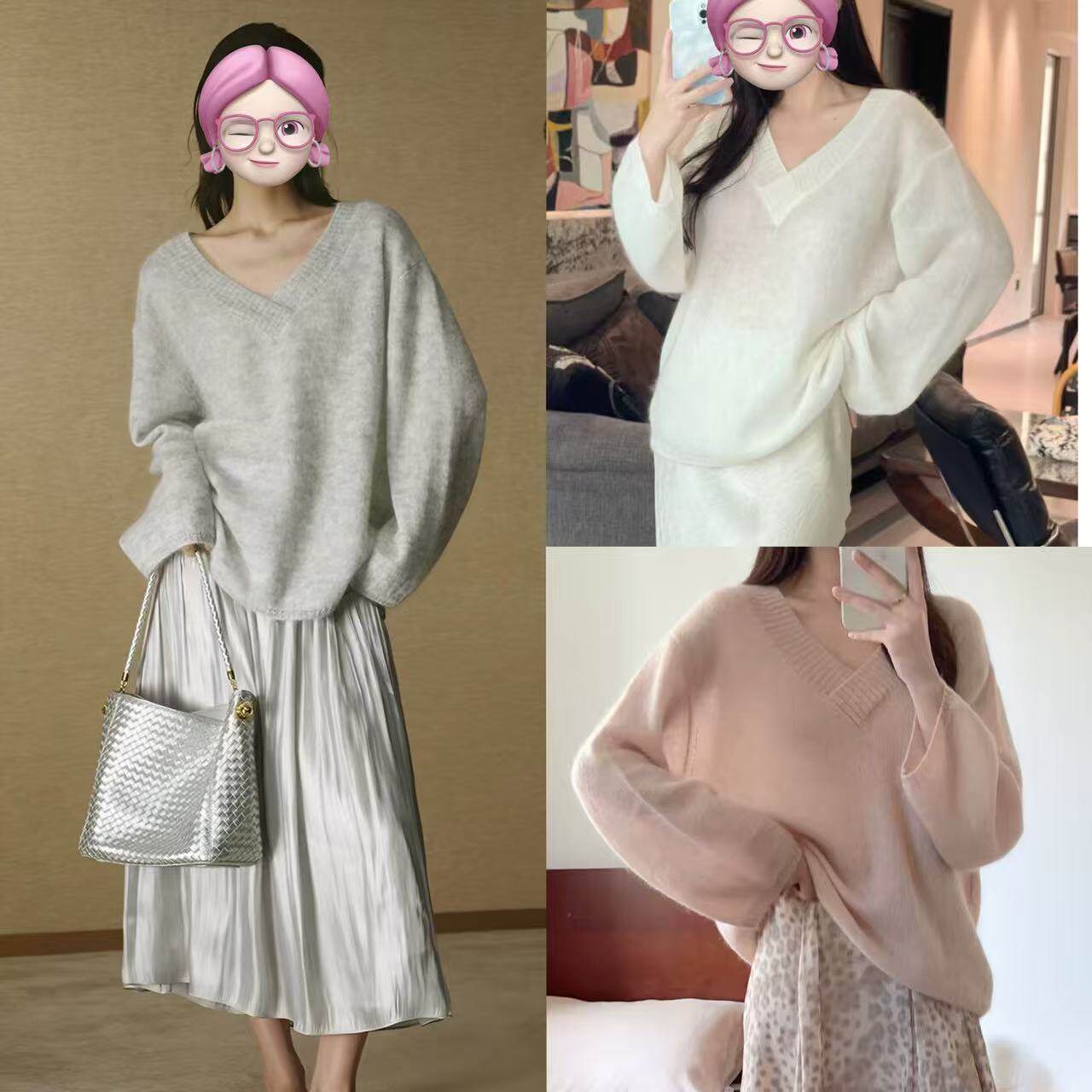 zh温柔风马海毛混纺V领套头衫女
