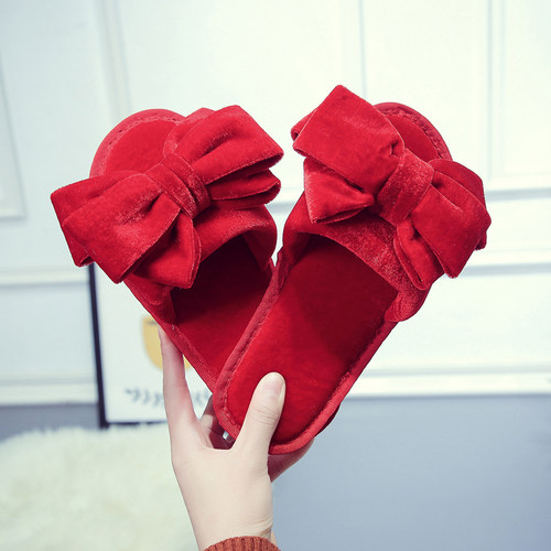 时尚平底毛绒拖鞋可爱蝴蝶结