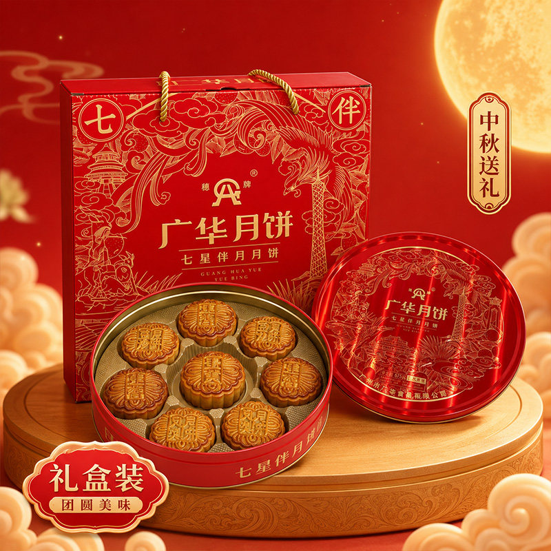 中秋节广式月饼礼盒装七星伴月双蛋黄白莲蓉五仁员工团购优惠送礼