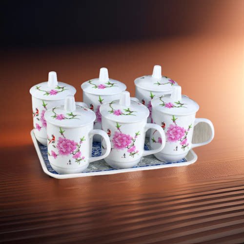 【6个装】陶瓷带盖茶杯办公会议杯景德镇茶具套装家用喝水杯定制