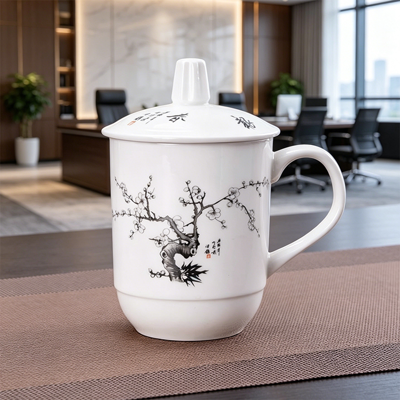 陶瓷会议杯带盖纯白色办公茶杯酒店宾馆家用会务杯子企业定制LOGO