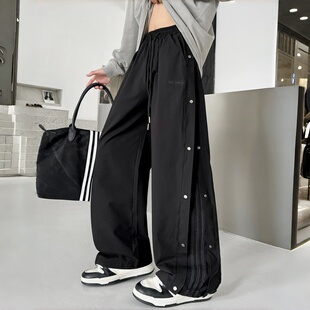 末班车春款2026男大童砂洗排扣休闲裤青少年宽松潮流拉条棉布裤子