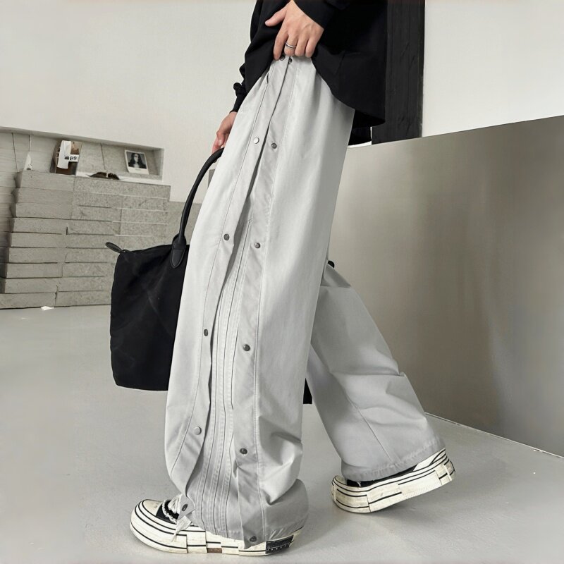 末班车春款2026男大童砂洗排扣休闲裤青少年宽松潮流拉条棉布裤子