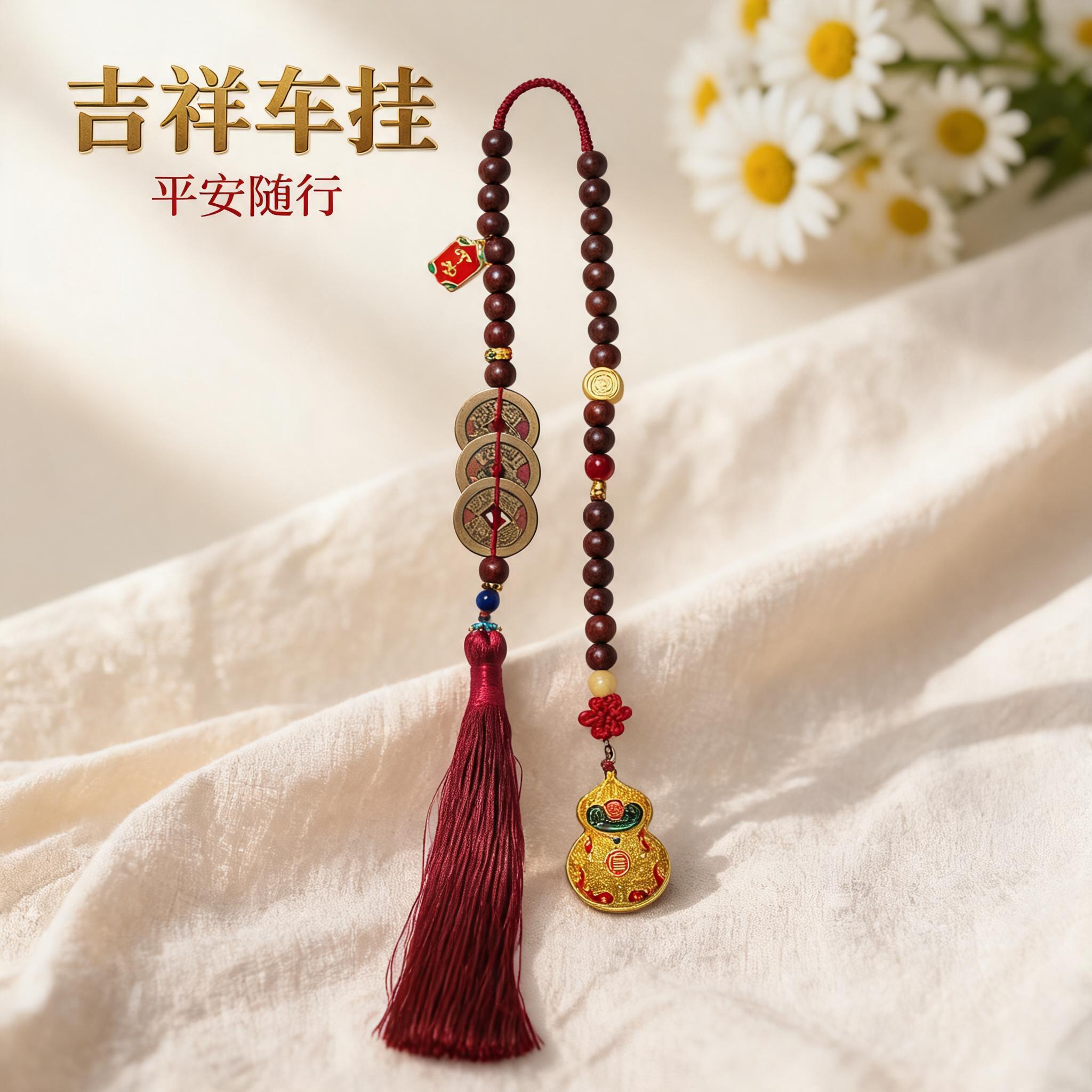 乾道嘉车挂国风钱到家吉祥平安葫芦朱砂串珠流苏汽车钥匙扣挂件