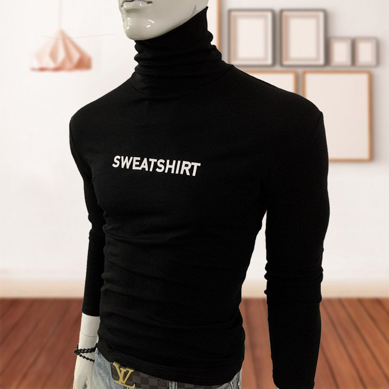 秋冬高领长袖t恤男装纯棉印花英文字母修身保暖打底衫青年体恤潮