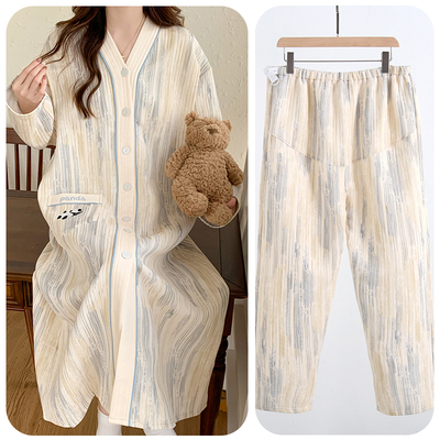 带胸垫哺乳睡裙秋款加厚纯棉孕妇睡衣冬季空气棉月子服待产加裤子