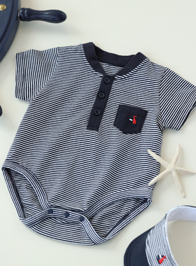 哈衣爬服初生婴儿男宝宝夏季薄款双层纯棉开档海军风新生儿连体衣