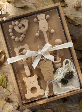 新生婴儿木质玩具礼盒拨浪鼓可啃咬入口初生宝宝高档摇铃益智玩具