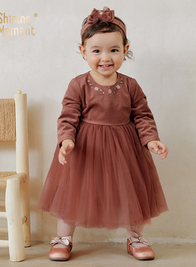 百天婴儿公主裙发带两件套春秋长袖丝绒刺绣网纱拼接女宝周岁礼服