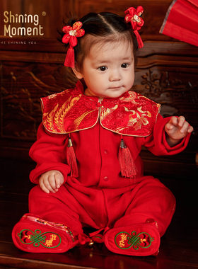 宝宝哈衣秋冬女婴儿爬服毛衣针织衫红色满月服百天周岁拍照连体衣