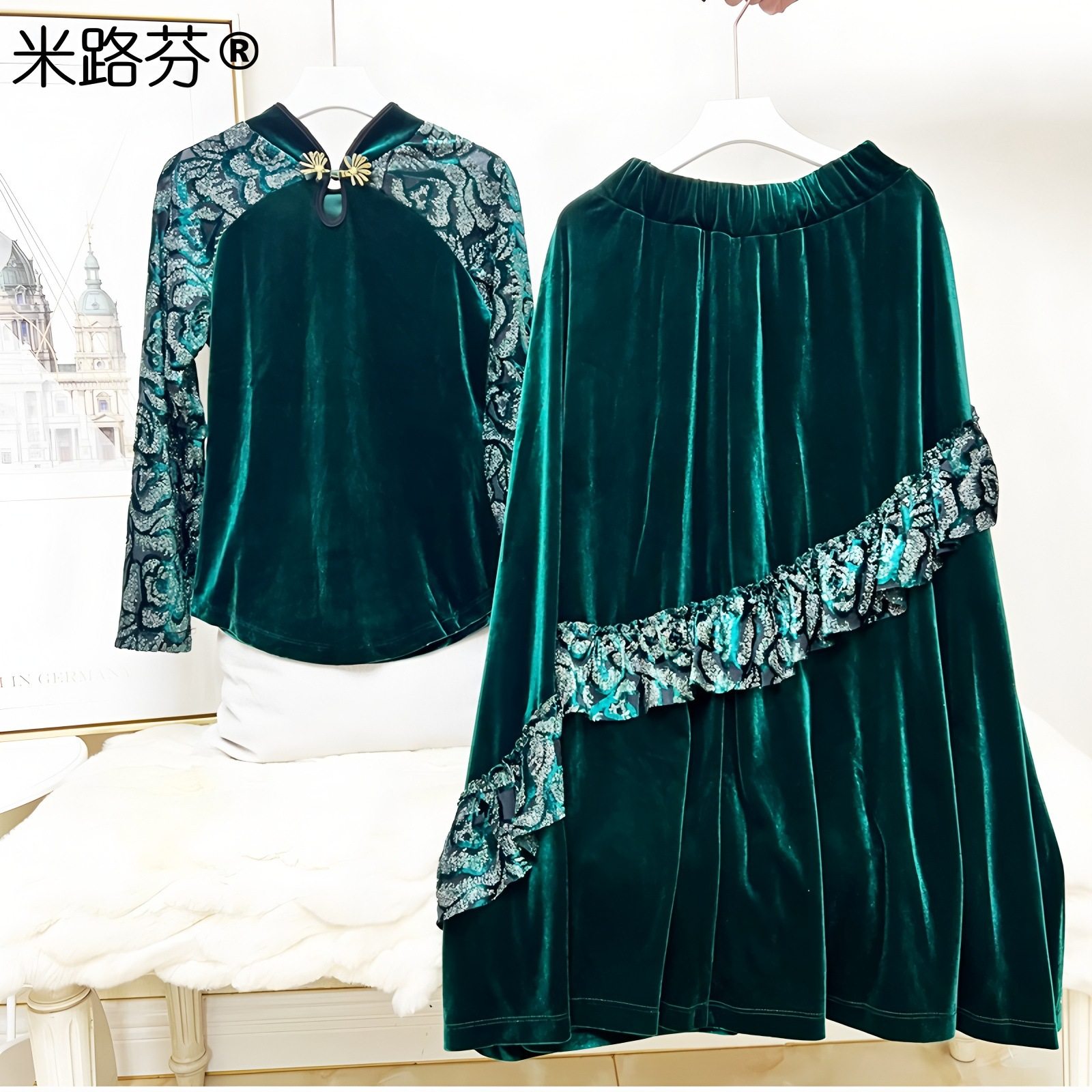 中老年金丝绒长袖长裙广场舞演出服装秋冬跳舞衣服女国风复古套装