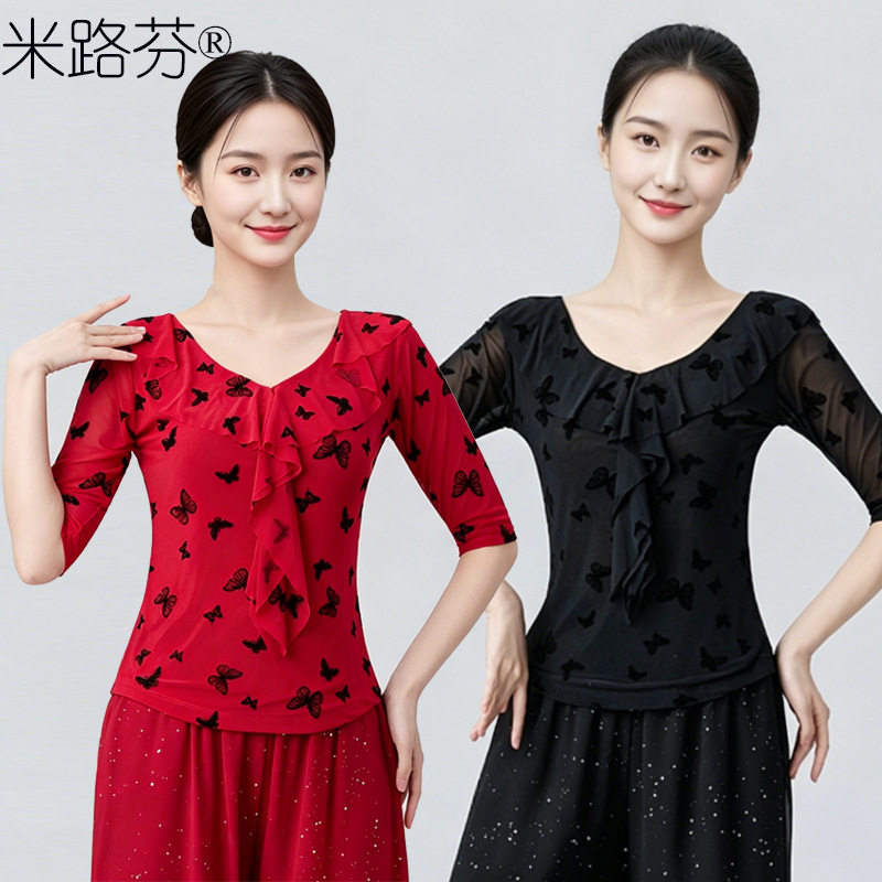 广场舞服装上衣中袖烫钻亮片舞蹈服古典舞练功服网纱透气跳舞服夏