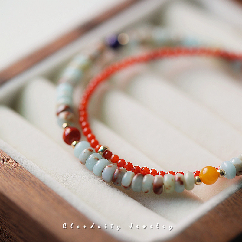 Cloudcity原创手作寿山石极细南红玛瑙青金石14K注金双圈手链手串