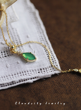 Cloudcity翠湖 精致成品叶型银镀金绿玉髓吊坠可调节925短项链