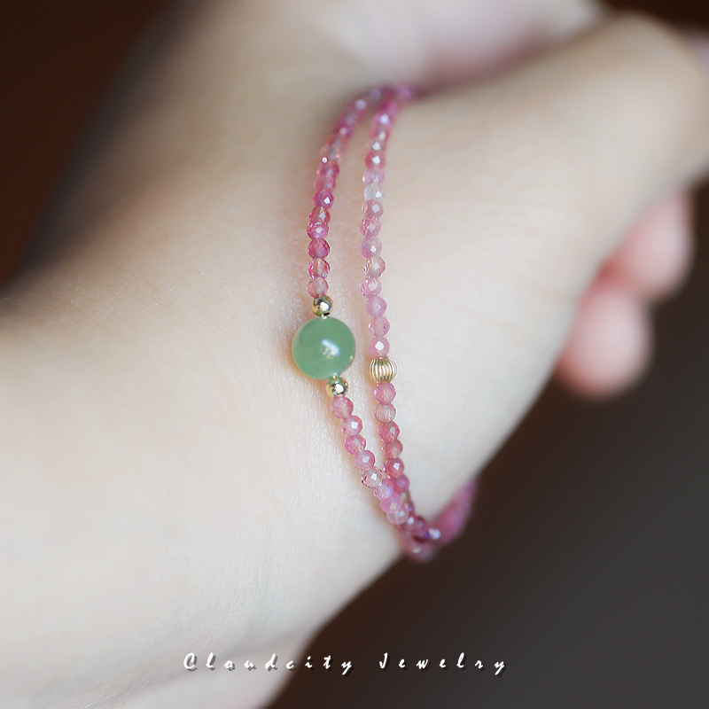 原创设计粉碧玺碧玉双圈手链