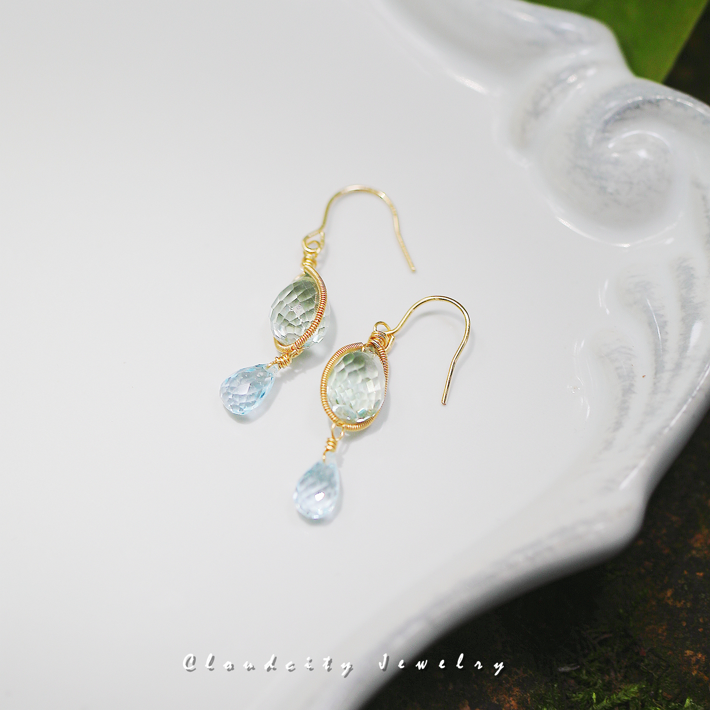 精灵 经典款返场 原创设计清新简约绿紫晶托帕石14K注金手作耳环