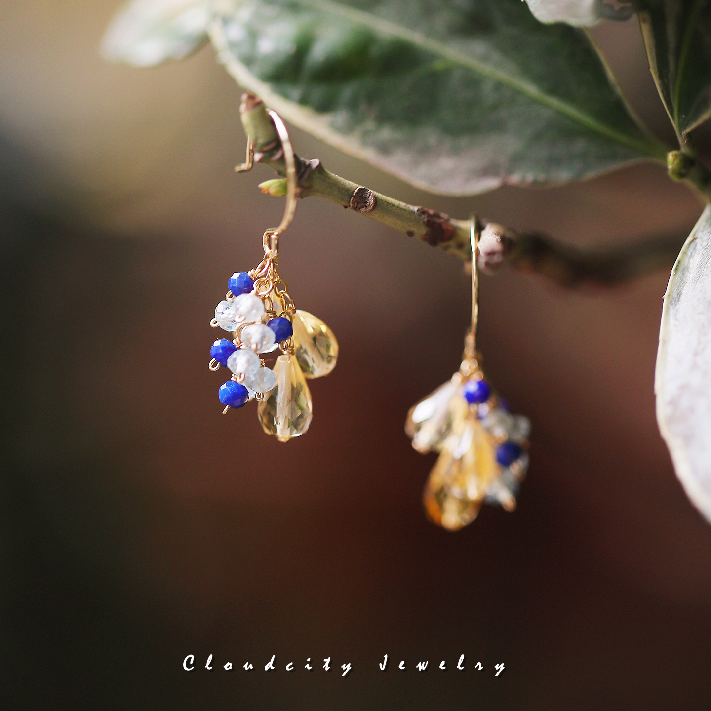 金铃蓝鸢Cloudcity原创晶石设计气质黄水晶青金石14K注金手作耳环