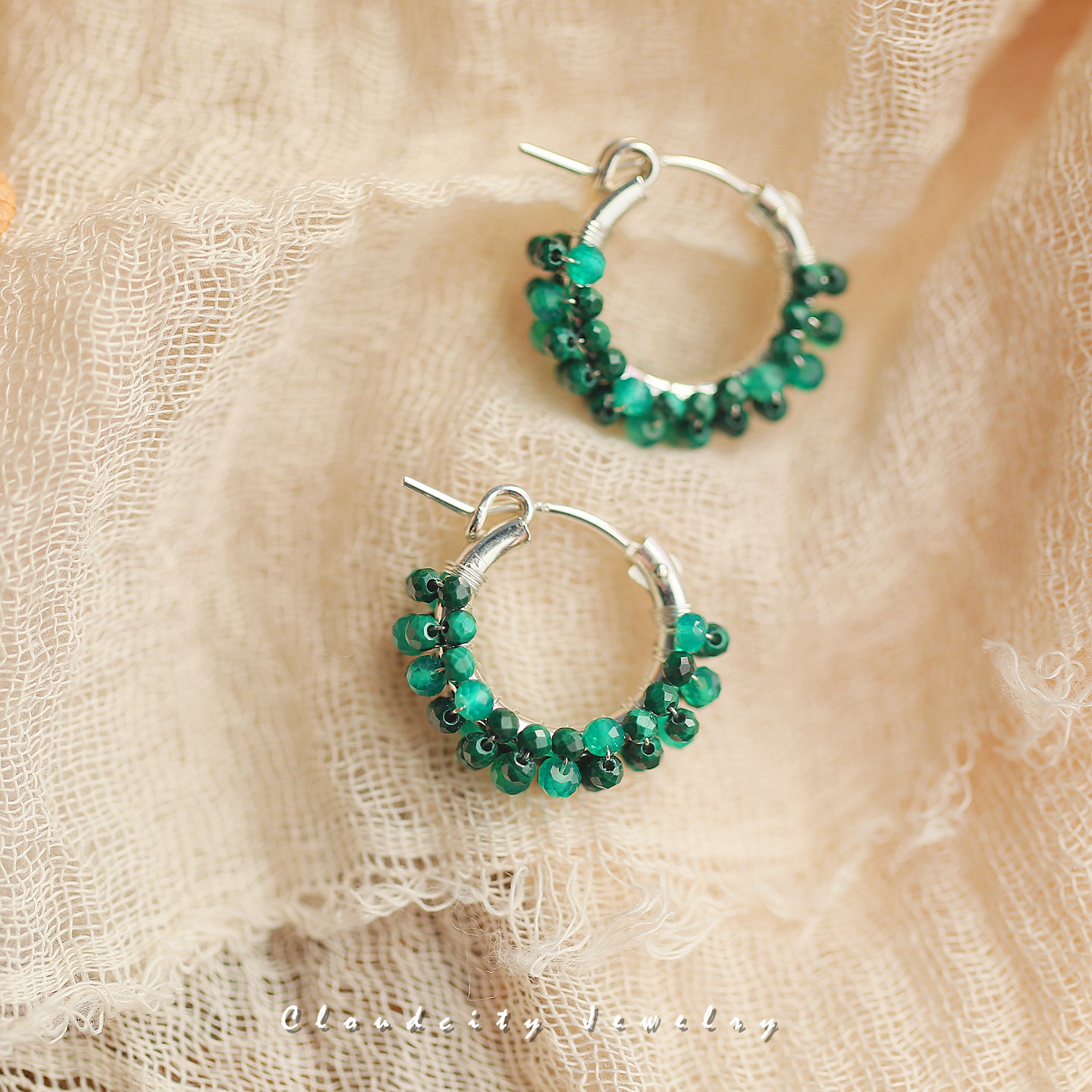 Cloudcity雀羽 原创设计光阴系列简约气质孔雀石925银耳扣耳环圈