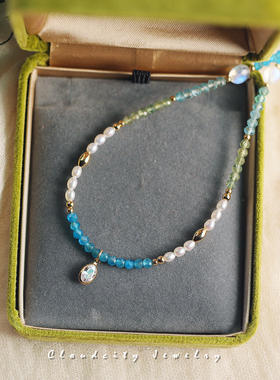 晴川 Cloudcity原创设计清新蓝绿磷灰石淡水珍珠14K注金手作项链